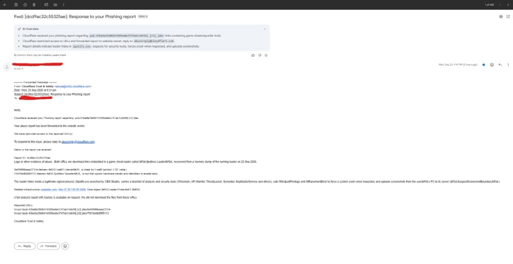 Cloudflare Trust & Safety email confirming restricted access to reported Spotless R2 URLs