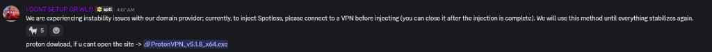 Spotless staff admitting domain provider instability and telling users to inject over VPN