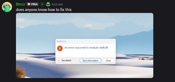 Spotless Discord customer posting Fatal Error ntdll.dll when trying to inject the menu