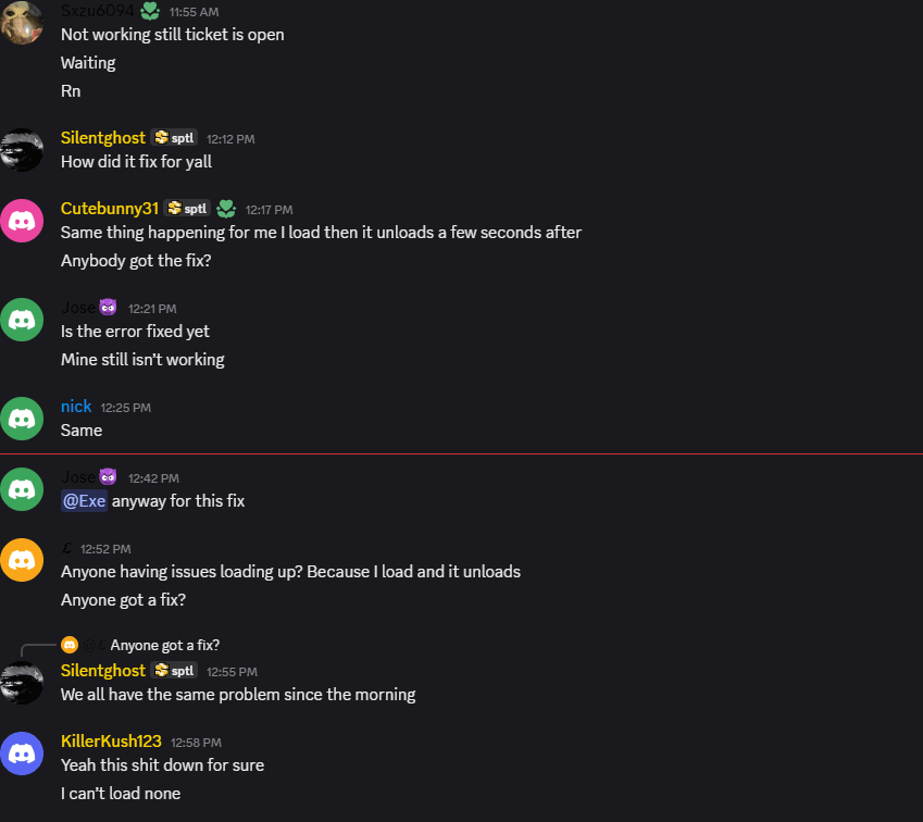 Spotless Discord customers reporting the cheat loads then unloads