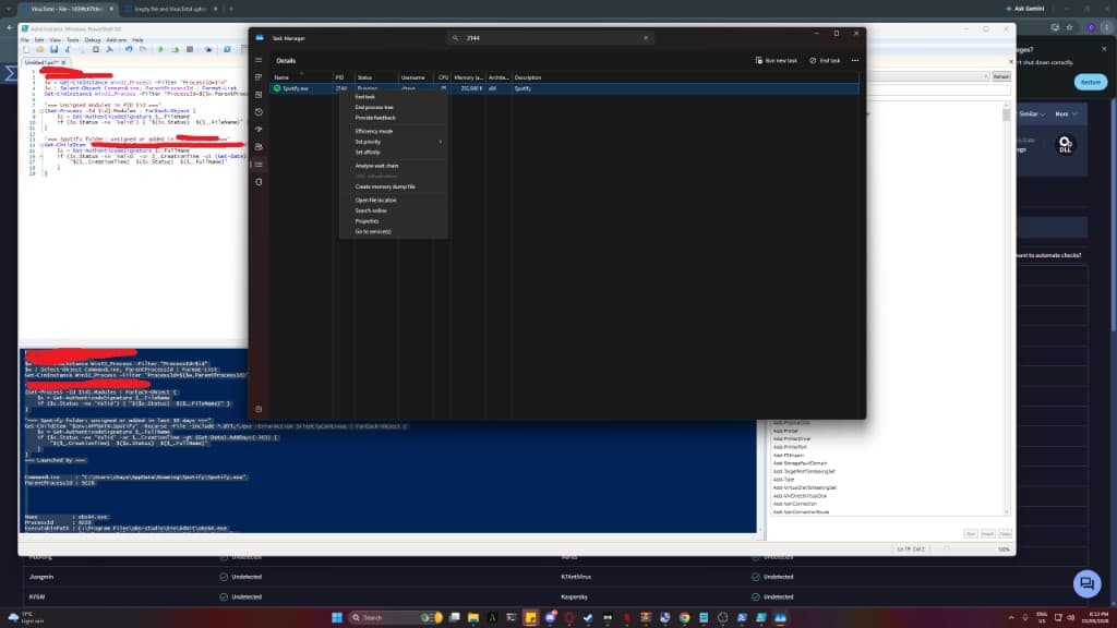 Desktop screenshot recovered from Spotify.exe memory dump — Task Manager about to create memory dump of PID 2144