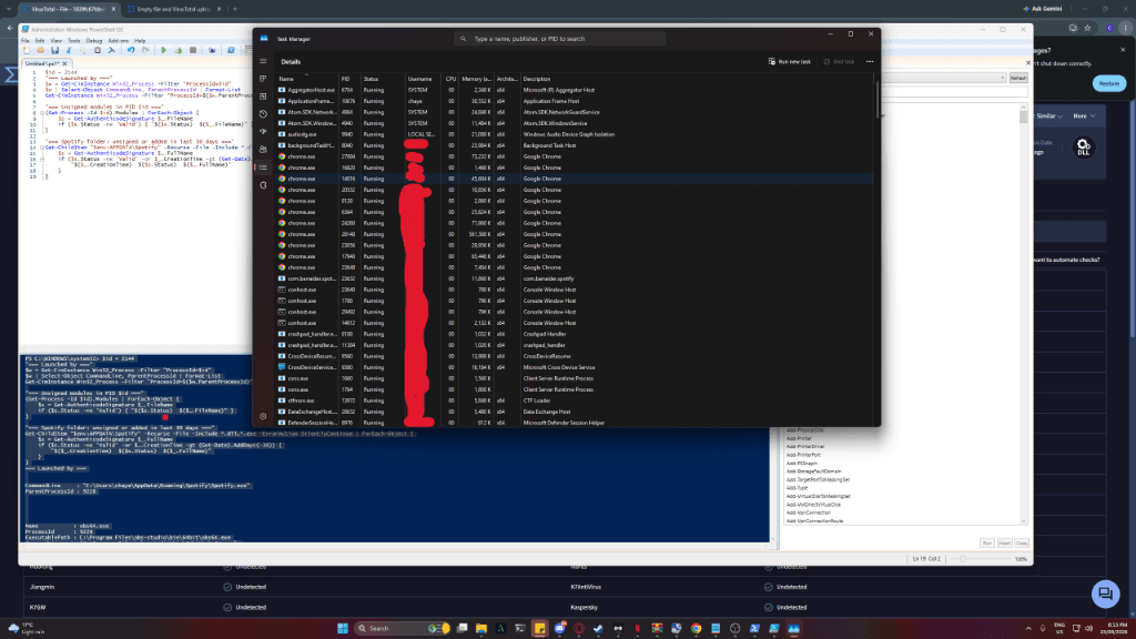 Another staged frame from the same dump: PowerShell ISE parent-process audit (obs64.exe → Spotify.exe), Task Manager, VirusTotal still at 0 detections. Usernames redacted.