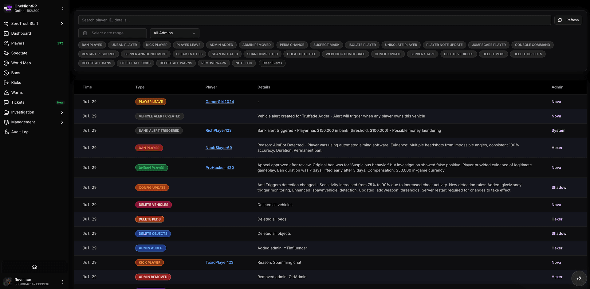 Player infiltration tracking screen